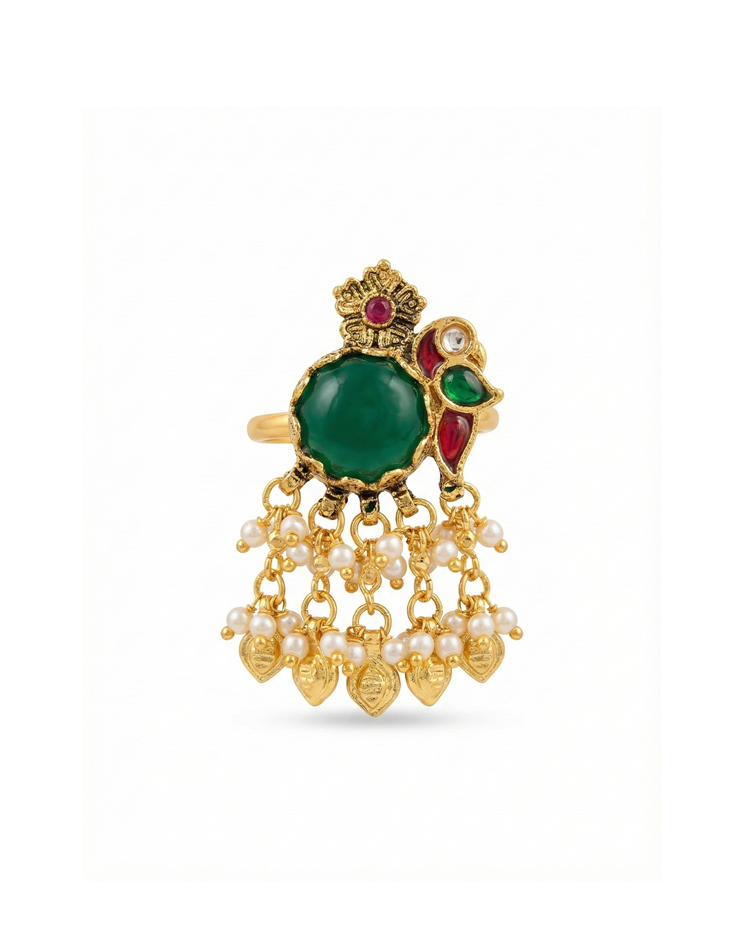 18k Gold Plated Green Kundan Pearl Jhumki Adjustable Ring Jewelry