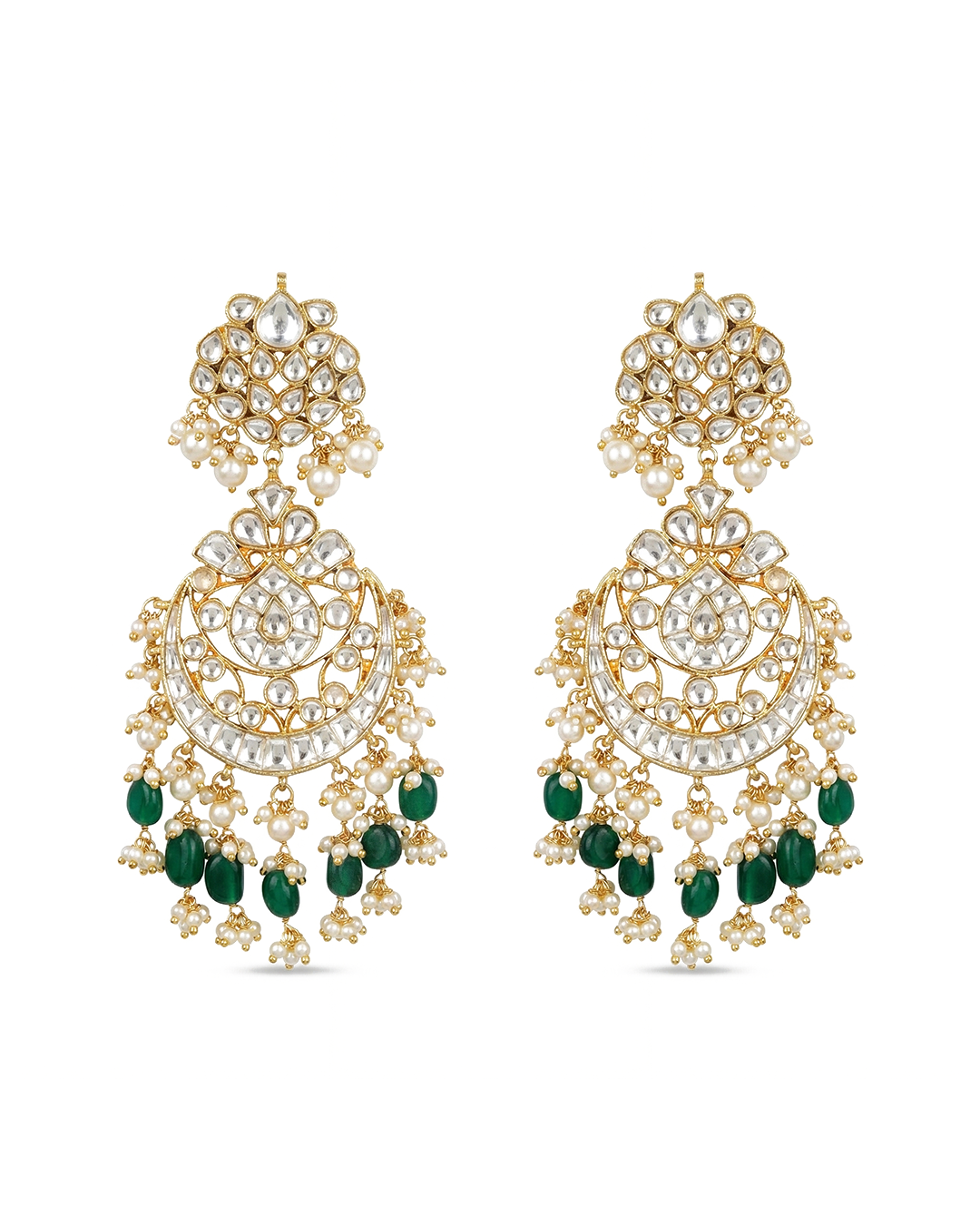 Designer Jadau Chandbali Earrings with Green Beads and Pearl Accents