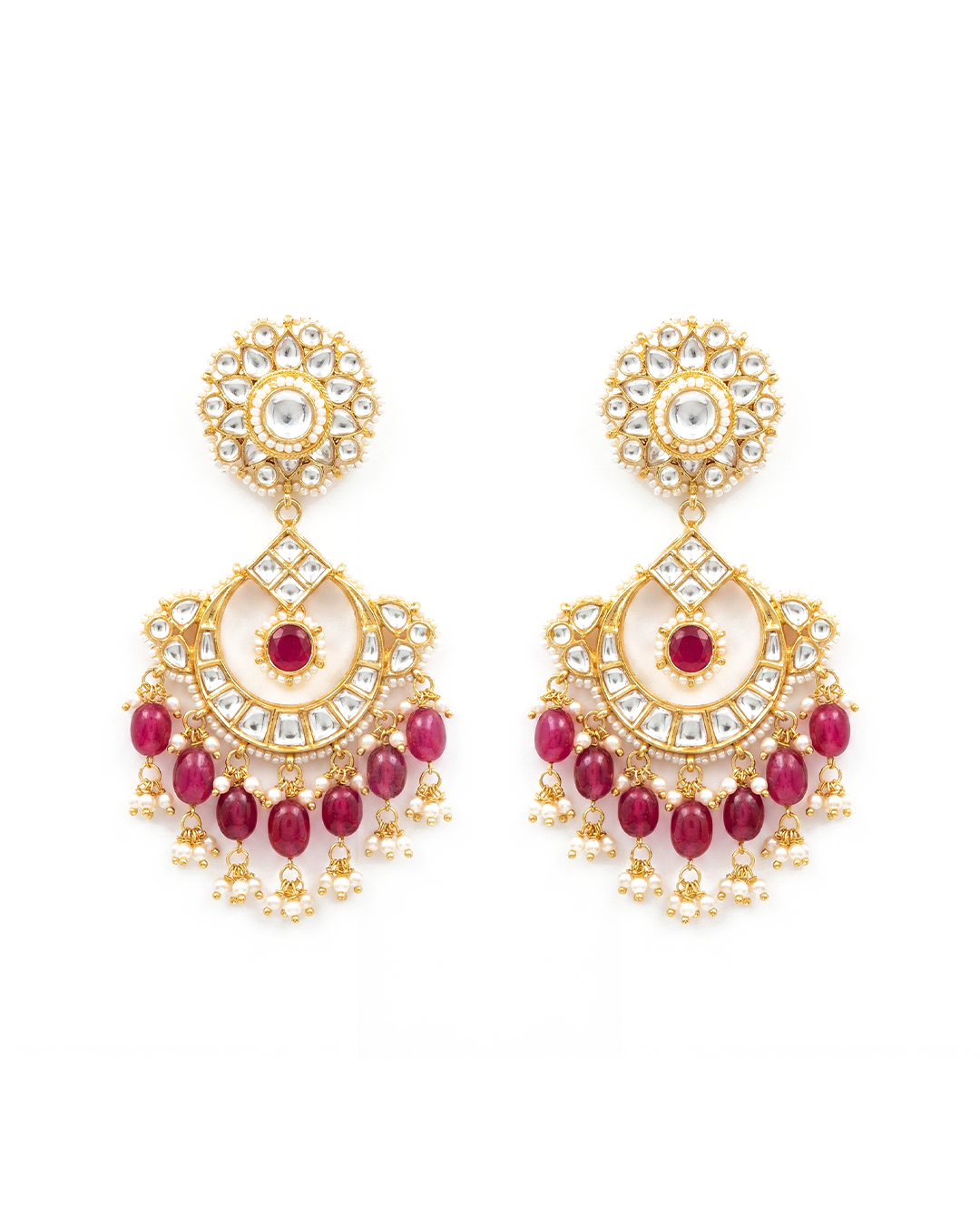 18K Gold Plated Ethnic Chandbali Earrings, Red Beads & Pearl Drops