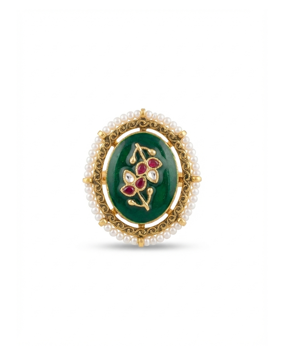Floral Kundan Ring with Pearl Border, Adjustable Gold Ring Jewelry
