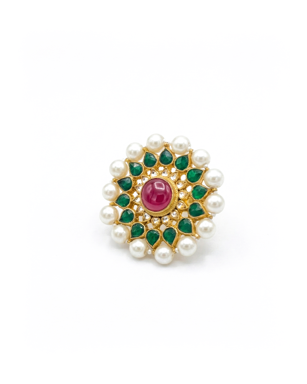 Handcrafted Kundan Pearl Floral Ring with Traditional Ring