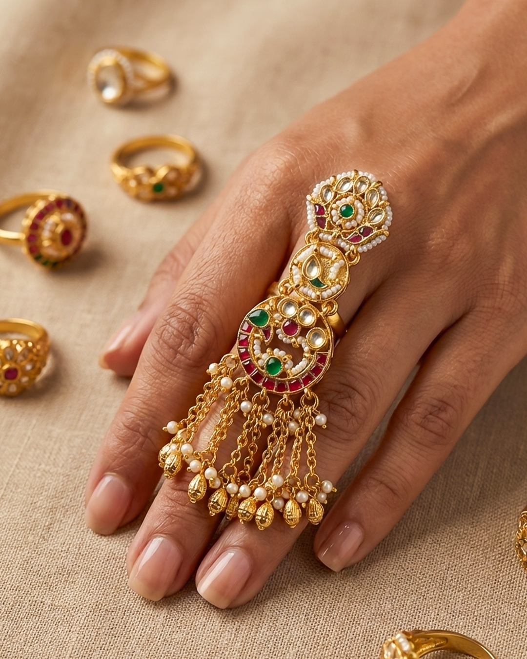 Green & Red Kundan Pearl Adjustable Ring-Antique Gold Bridal Ring