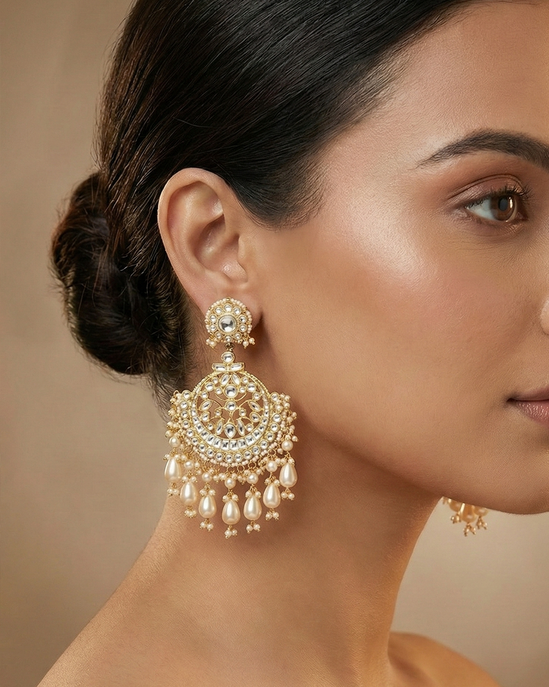 Kundan Jadau Chandbali Earrings for Women, 18K Gold Plated Jewelry