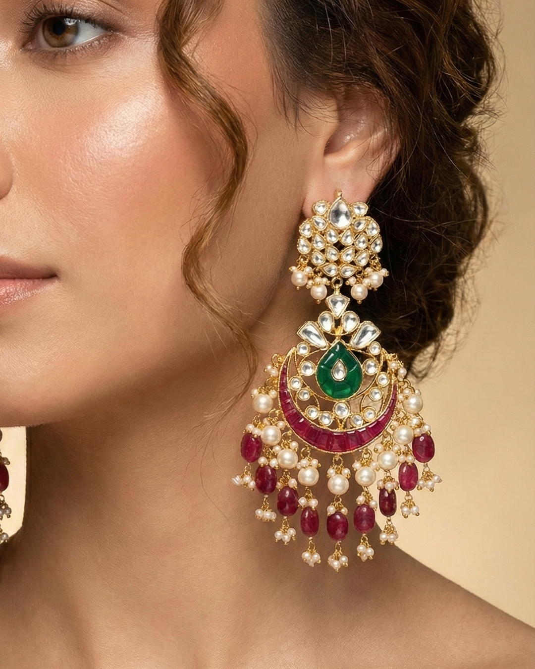 18K Gold Plated Jadau Chandbali Earrings Pearl Beads Jewelry