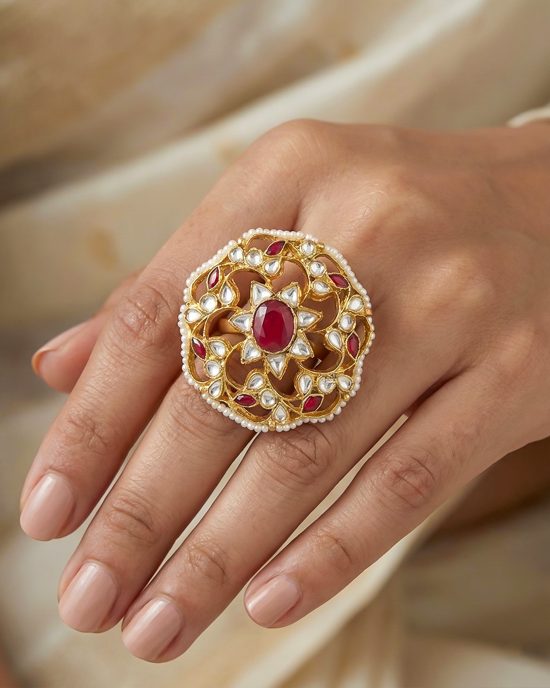 Handmade Polki Kundan Floral Ring, Mother of Pearl Ring Jewelry