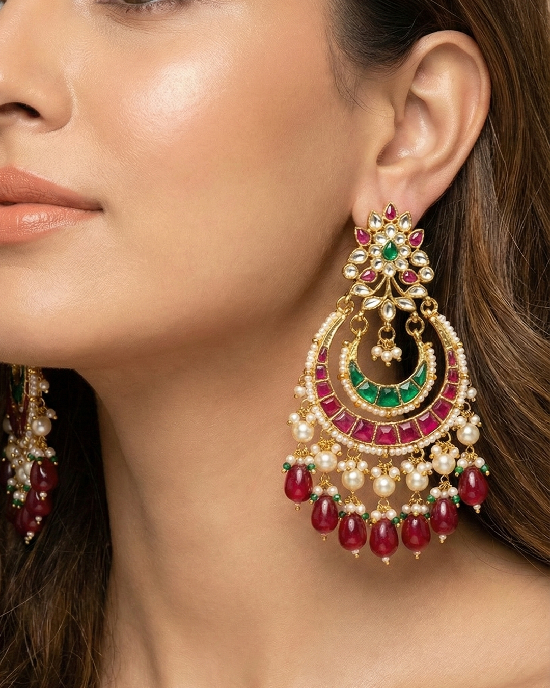 Traditional Jadau Chandbali Earrings 18K Gold Plated Stones & Beads