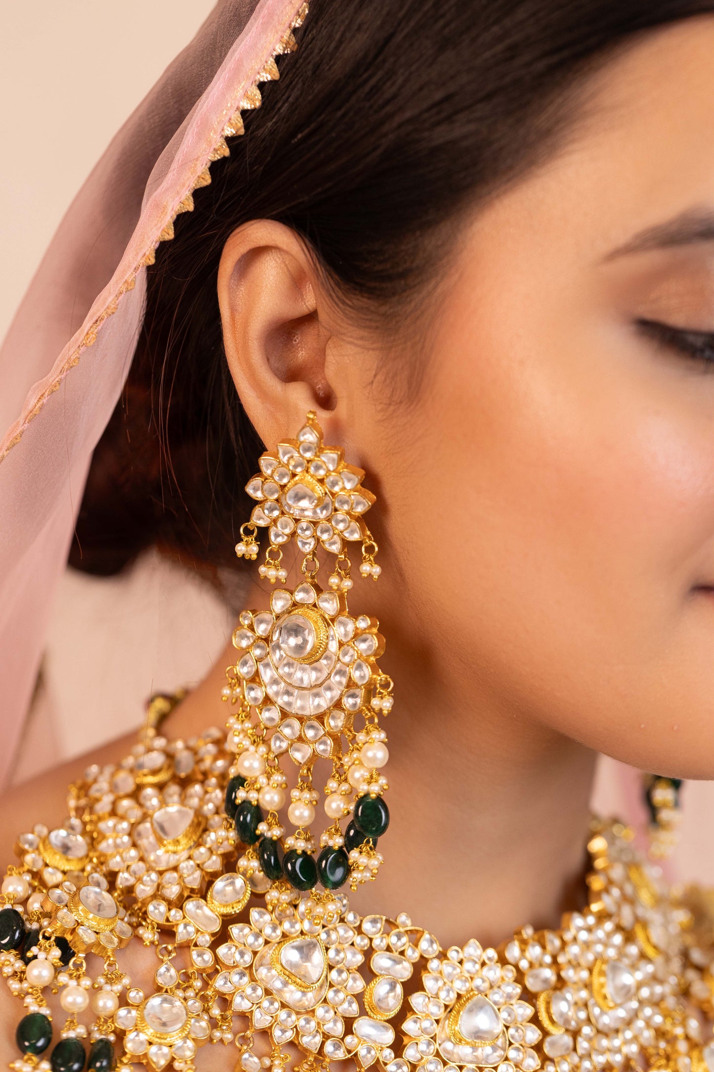 Bridal Necklace Set with Green Beads & Pearl Stone Earrings Jewelry