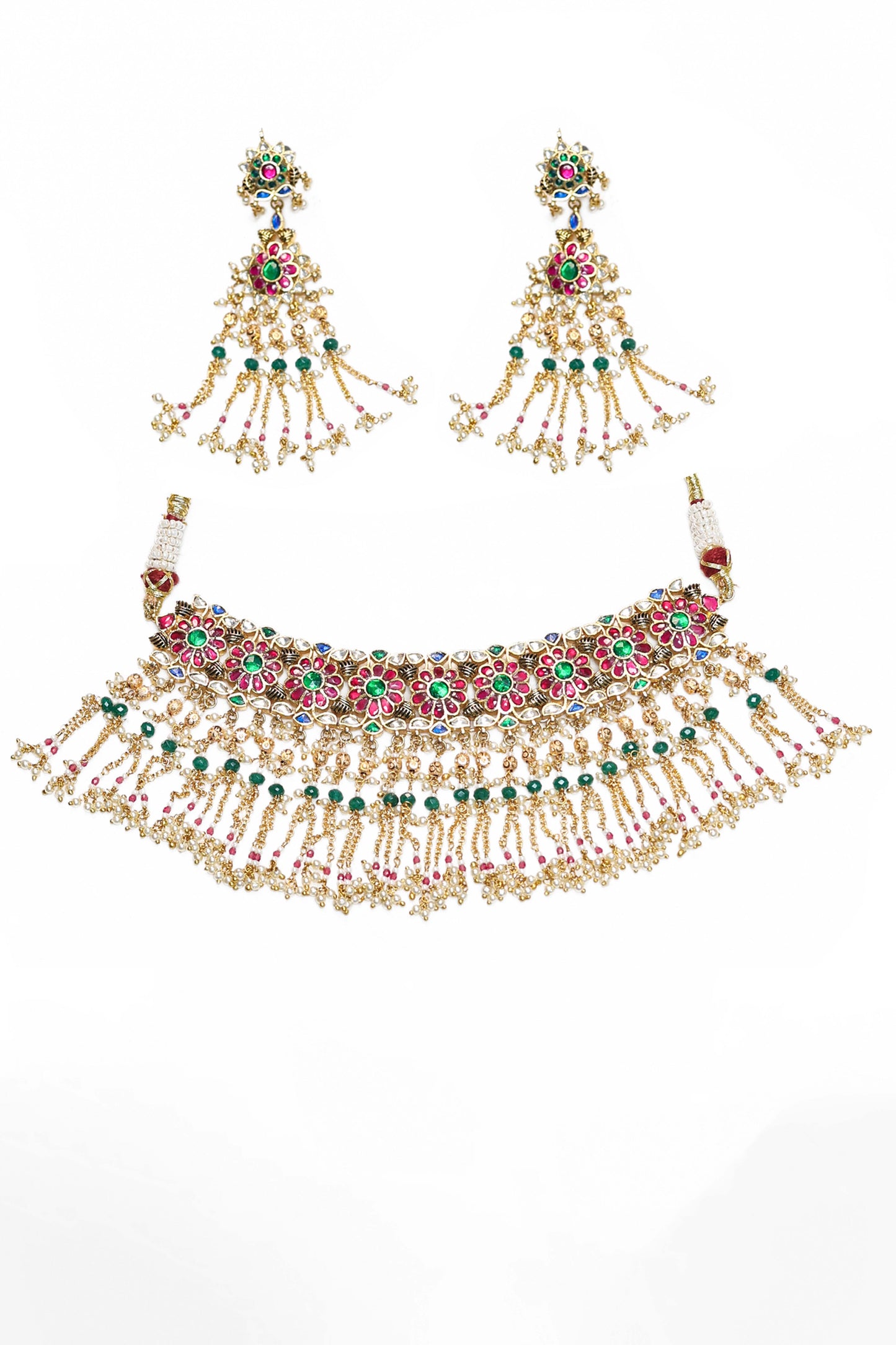 Festive Pearl Kundan Choker Set, Traditional Gold Bridal Jewelry, Green Bead Necklace