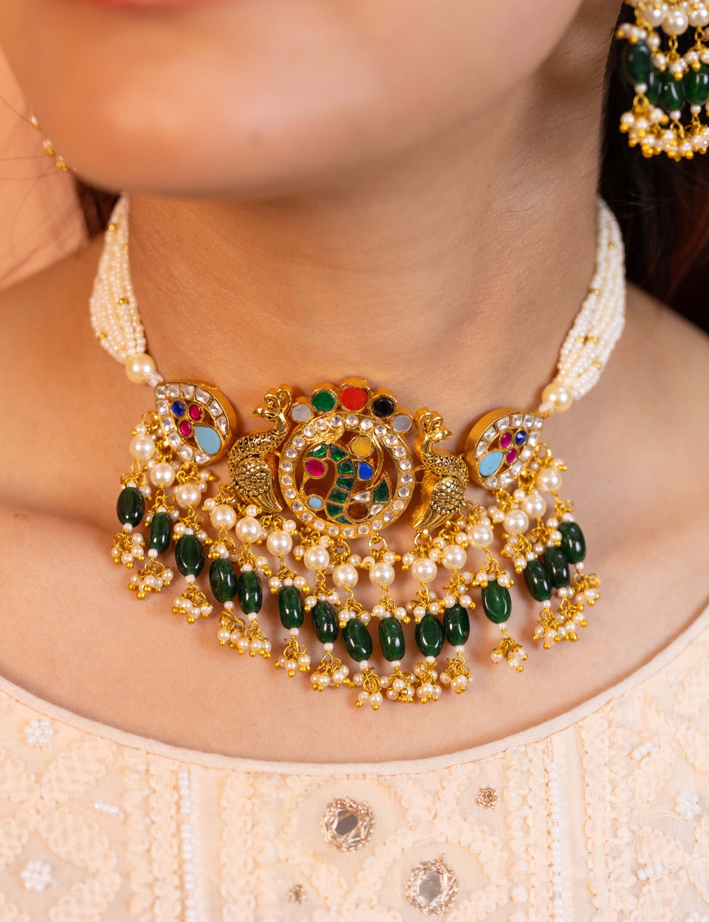 Handmade Traditional Green Bead Pendant Choker Set – Bridal Necklace Set