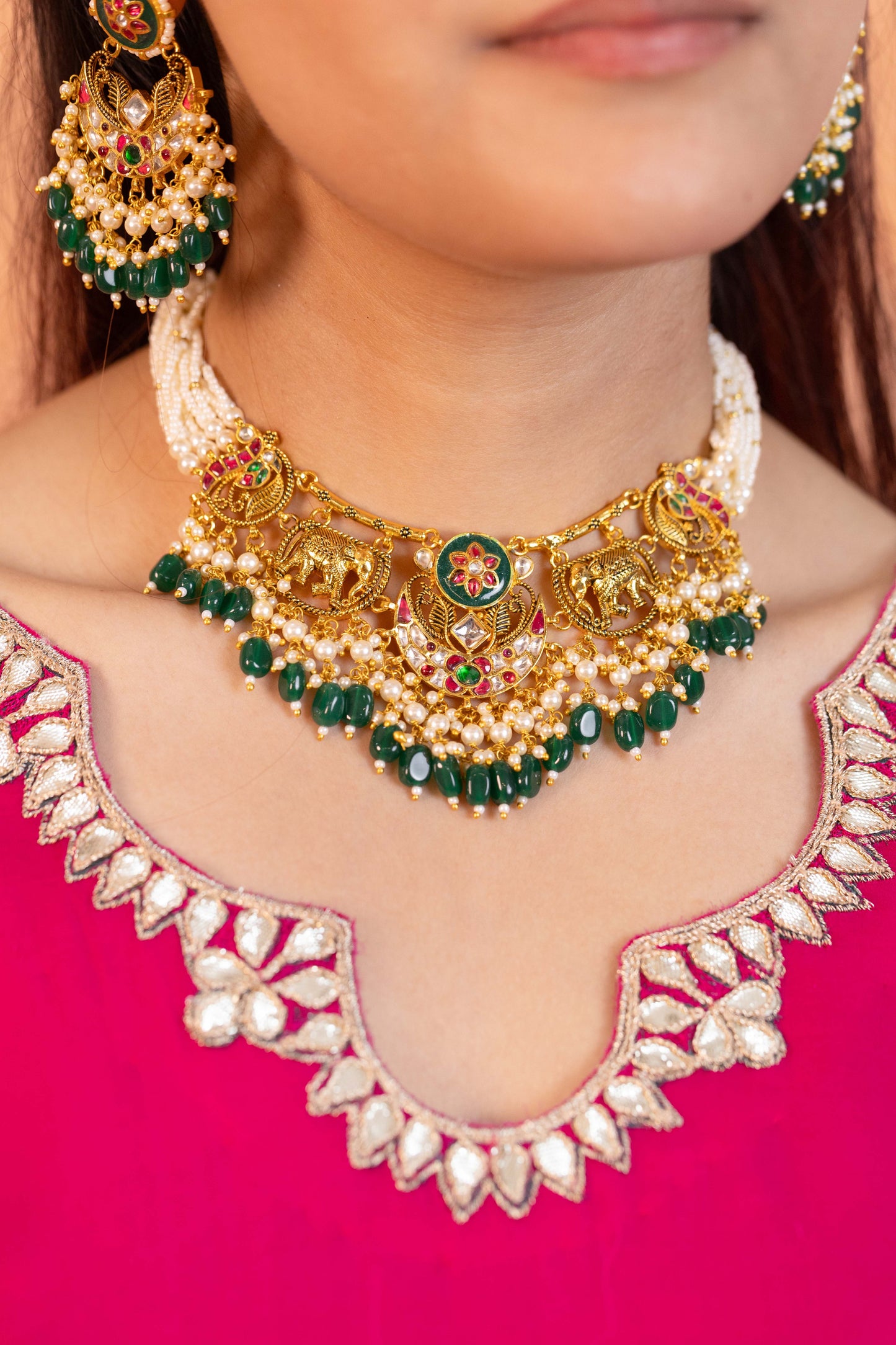 Kundan Pearl Choker Necklace Set, Handmade Indian Bridal Jewelry, Ethnic Statement Set