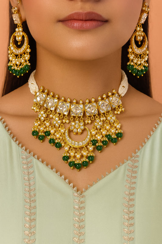 White-Green Pearl Kundan Bridal Choker Necklace Set with Earrings Jewelry