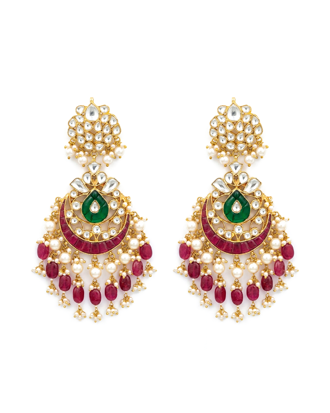 18K Gold Plated Jadau Chandbali Earrings Pearl Beads Jewelry