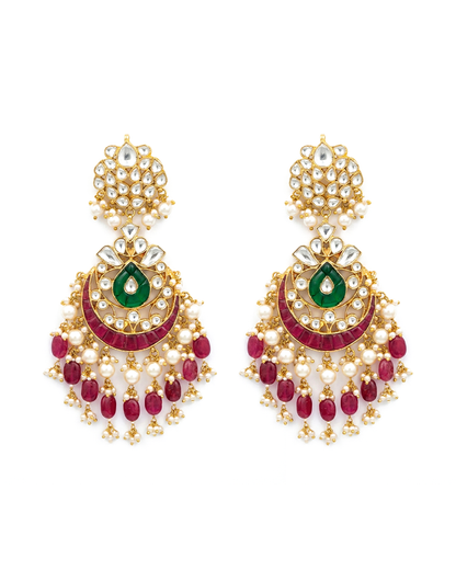 18K Gold Plated Jadau Chandbali Earrings Pearl Beads Jewelry