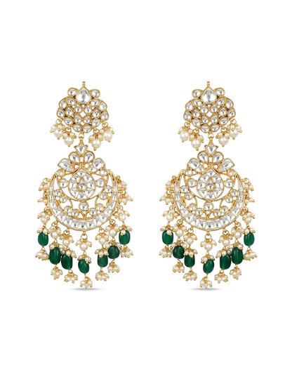 Designer Jadau Chandbali Earrings with Green Beads and Pearl Accents