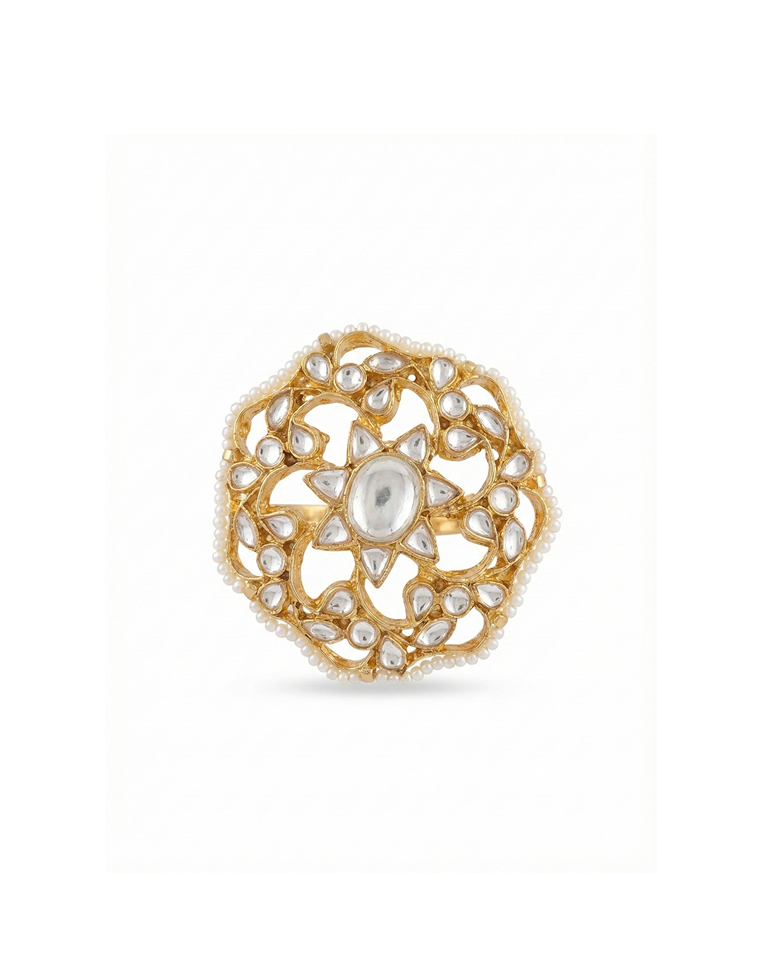 Floral Polki Kundan Ring, Pearl Border White Kundan Ring Jewelry