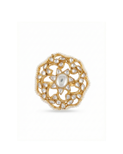 Floral Polki Kundan Ring, Pearl Border White Kundan Ring Jewelry