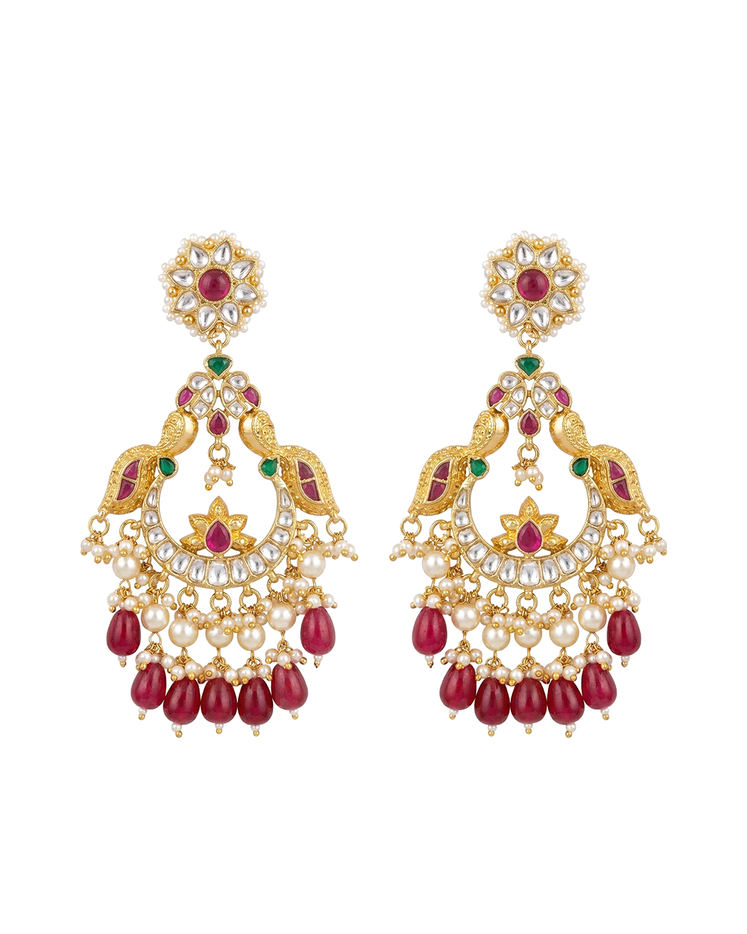 Bridal Style Peacock Chandbali Earrings with Red Beads & Pearls
