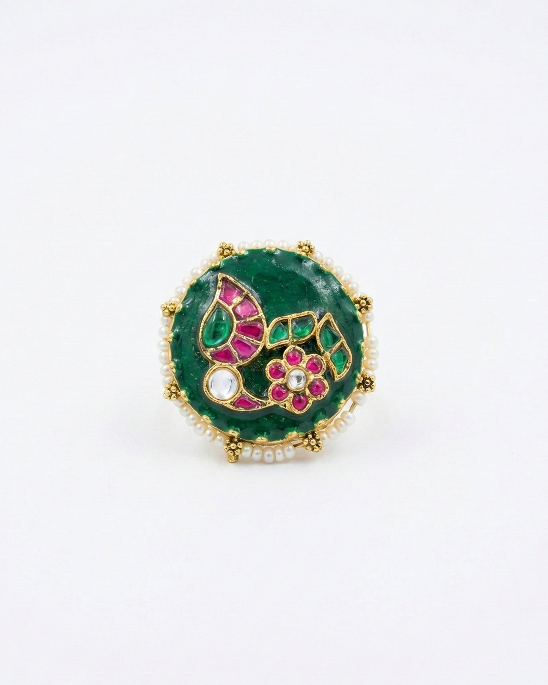 Emerald Green Kundan Pearl Statement Adjustable Ring Jewelry