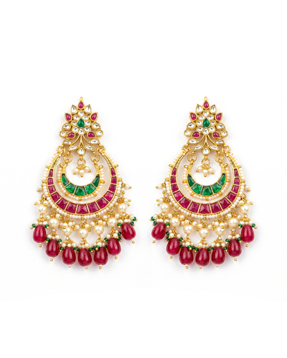 Traditional Jadau Chandbali Earrings 18K Gold Plated Stones & Beads