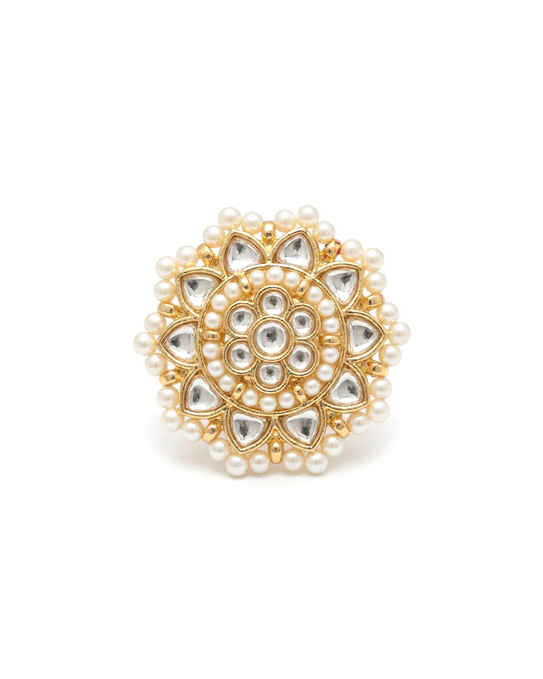 Gold Plated Pearl Kundan Floral Adjustable Ring for Women Jewelry