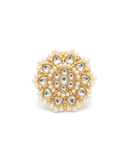 Gold Plated Pearl Kundan Floral Adjustable Ring for Women Jewelry