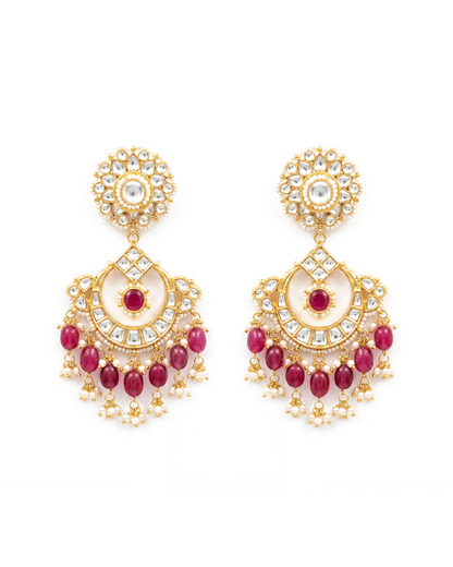 18K Gold Plated Ethnic Chandbali Earrings, Red Beads & Pearl Drops