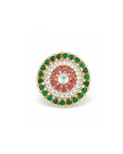 Round Polki Kundan Adjustable Ring, Pink & Green Stone Jewelry