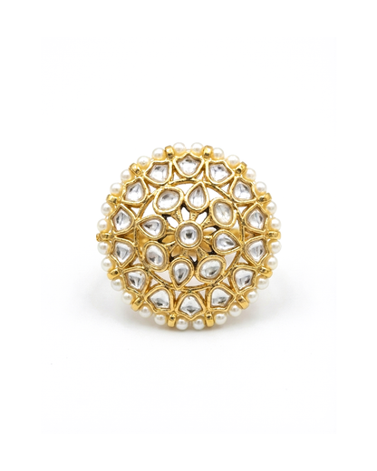 Round Kundan Pearl Ring Jewelry, 18k Gold Finish Adjustable Ring