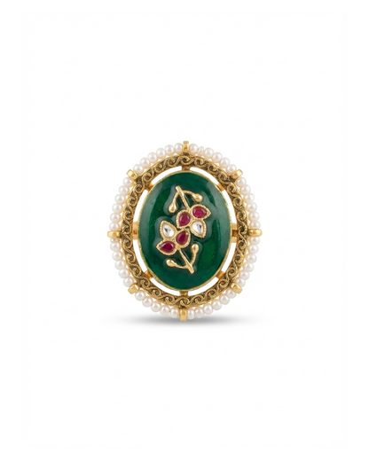 Floral Kundan Ring with Pearl Border, Adjustable Gold Ring Jewelry