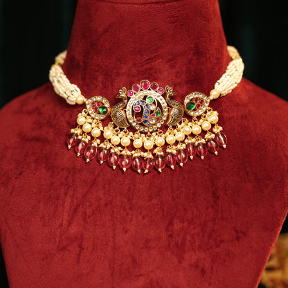 Peacock Design Pearl Choker Set – South Indian Bridal Necklace Jewelry