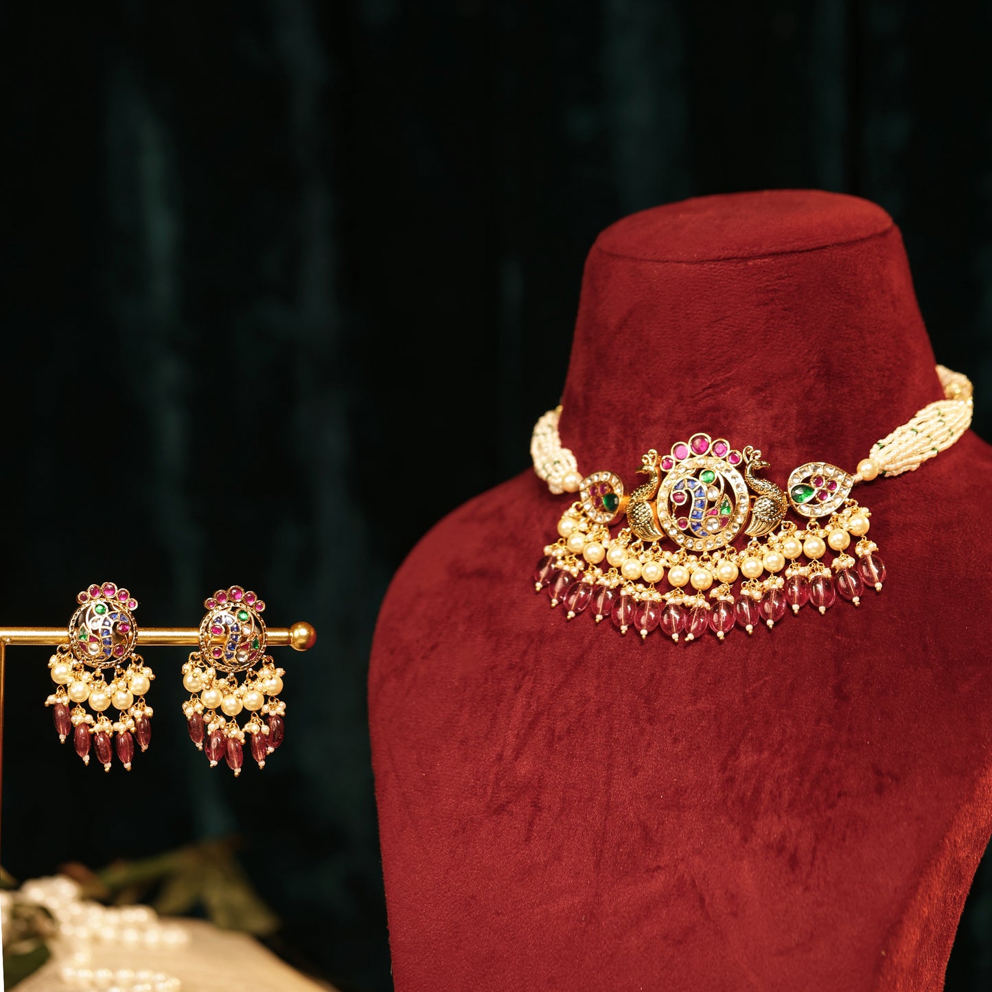 Peacock Design Pearl Choker Set – South Indian Bridal Necklace Jewelry