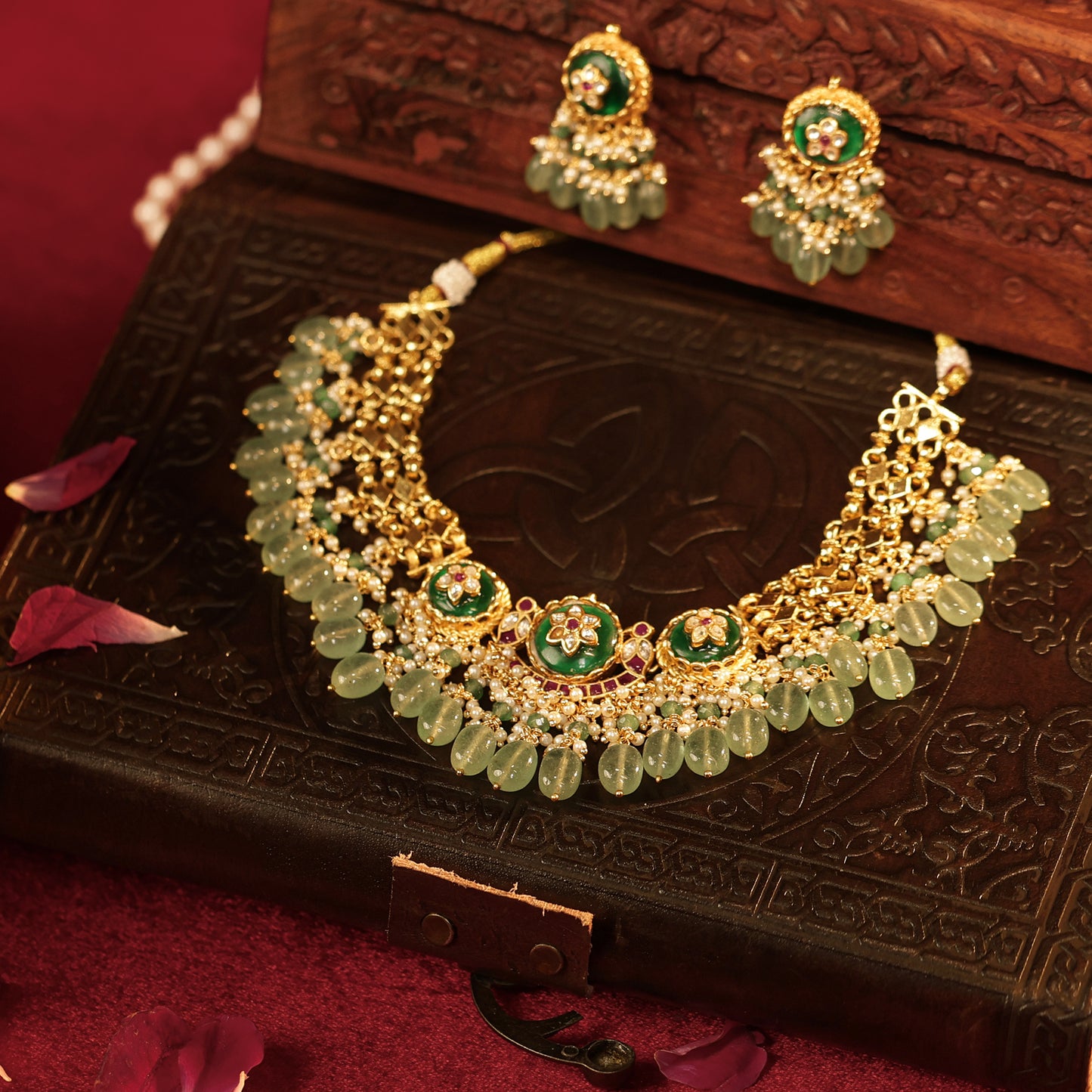 Green Kundan Beaded Choker Necklace Set – Traditional Bridal Jewelry