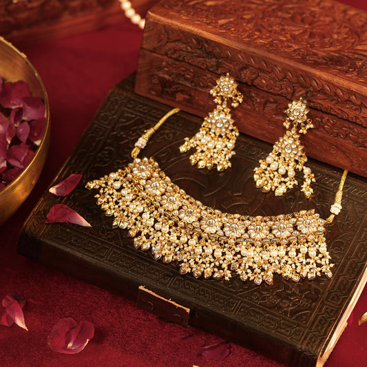 Traditional Heritage Gold Pearl Choker Set – Indian Wedding Necklace Set