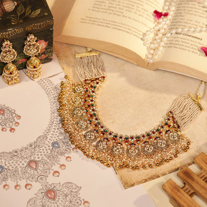 18k Gold Plated Pearl Bridal Choker Set – Traditional Wedding Necklace with Earrings