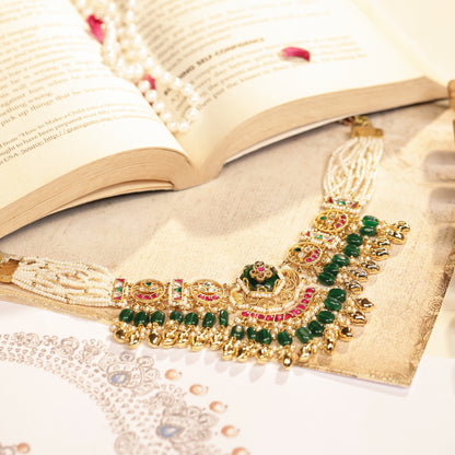 Green Bead Bridal Choker Necklace Set, Royal Wedding Jewelry, Ethnic Bridal Set