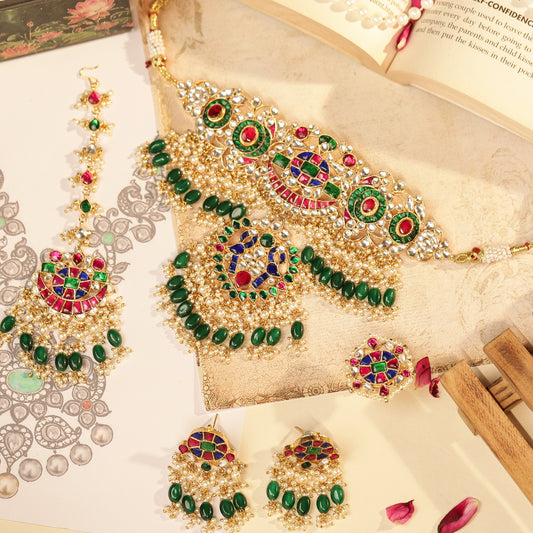 Multicolor Bridal Choker Set with Maang Tikka, Kundan Wedding Necklace Jewelry