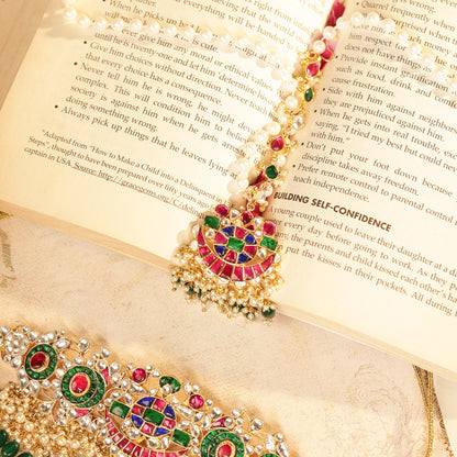 Multicolor Bridal Choker Set with Maang Tikka, Kundan Wedding Necklace Jewelry