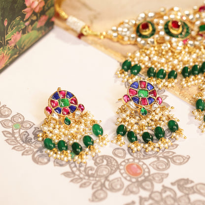 Multicolor Bridal Choker Set with Maang Tikka, Kundan Wedding Necklace Jewelry