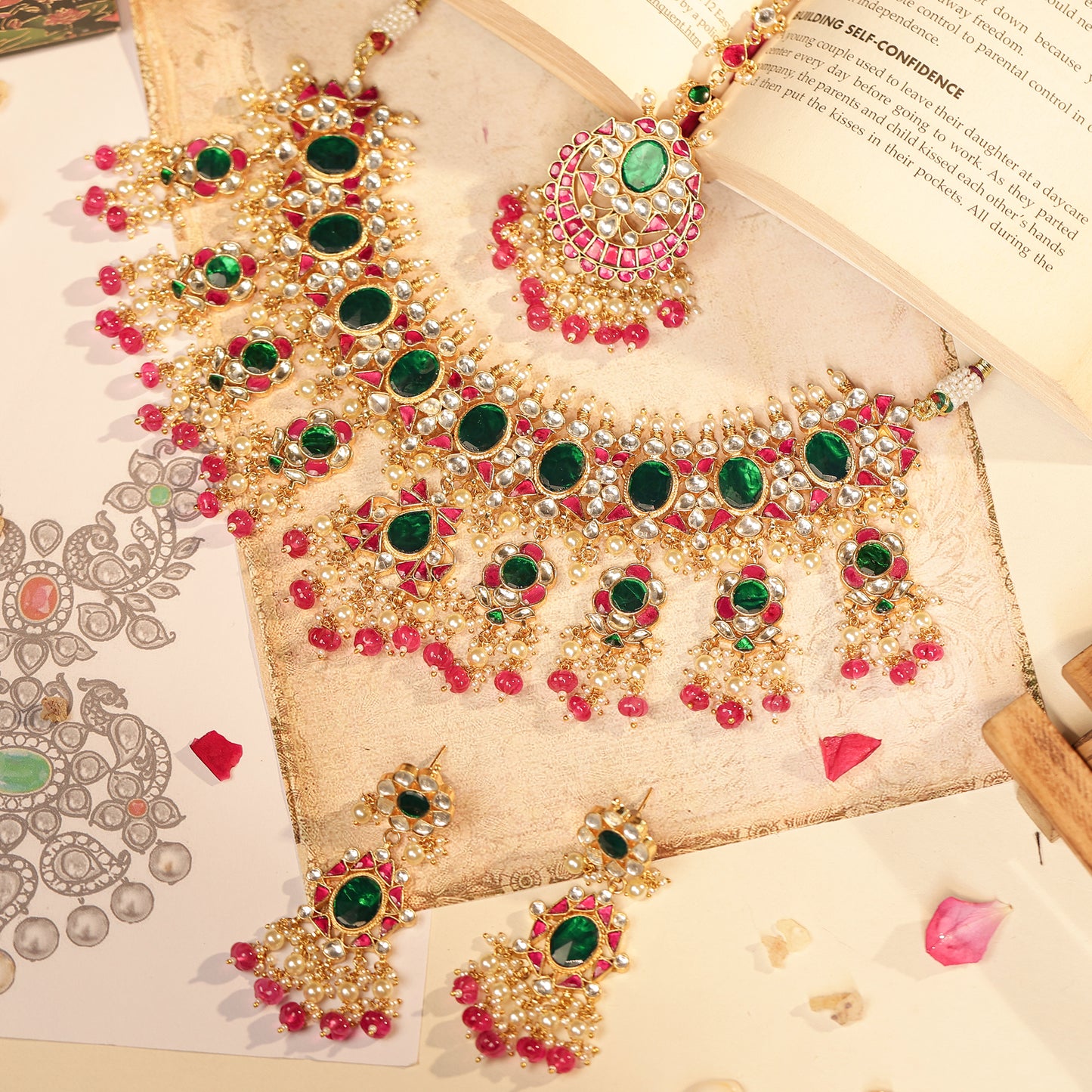 Green Pink Bridal Kundan Jewelry with Maang Tikka, Wedding Necklace, Traditional Bridal Set