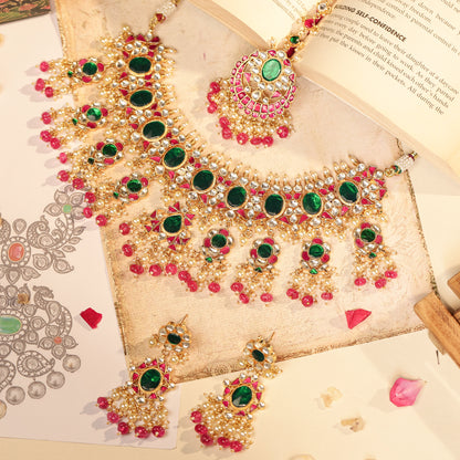 Green Pink Bridal Kundan Jewelry with Maang Tikka, Wedding Necklace, Traditional Bridal Set