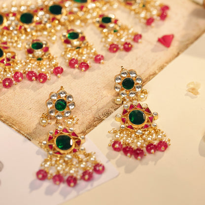 Green Pink Bridal Kundan Jewelry with Maang Tikka, Wedding Necklace, Traditional Bridal Set