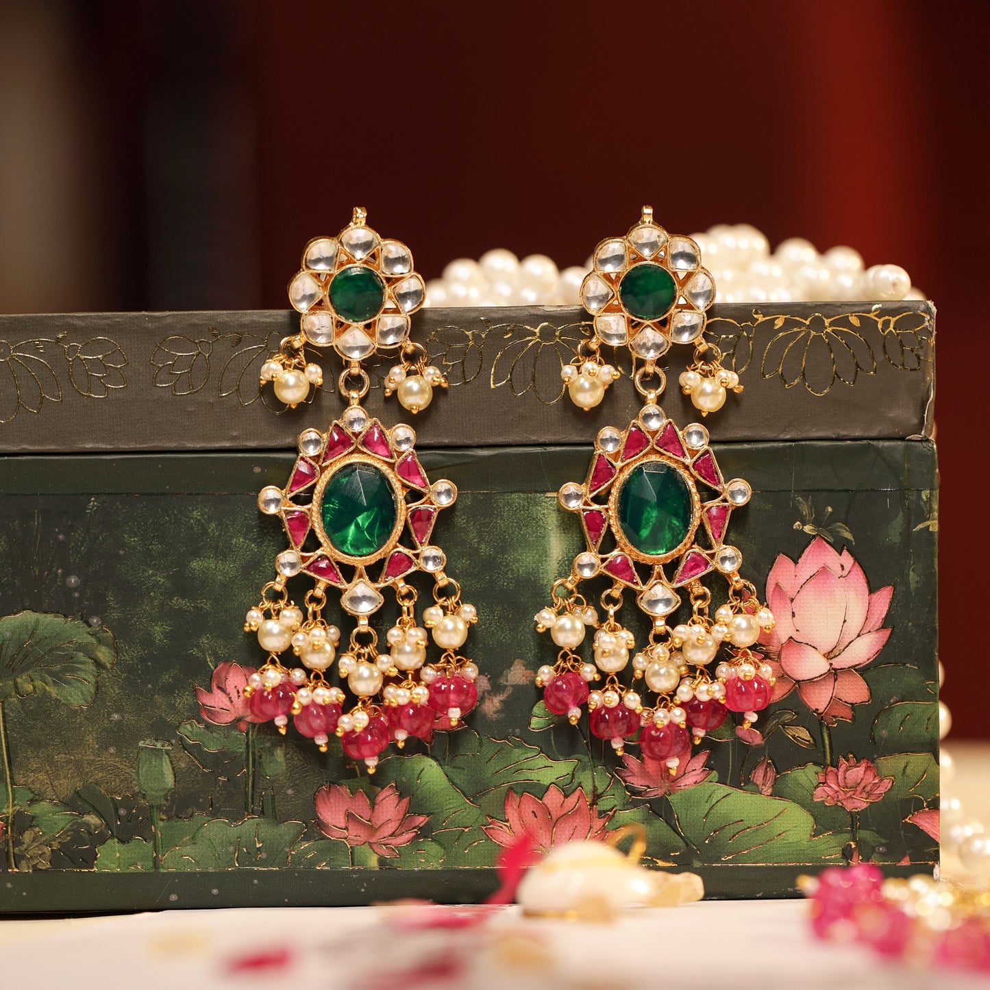 Green Pink Bridal Kundan Jewelry with Maang Tikka, Wedding Necklace, Traditional Bridal Set