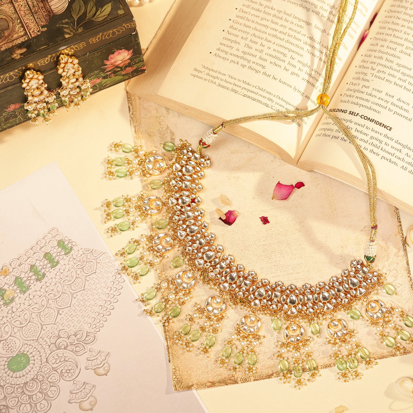 White Green Pearl Kundan Necklace Set by Dhanshree – Designer Indian Wedding Jewelry