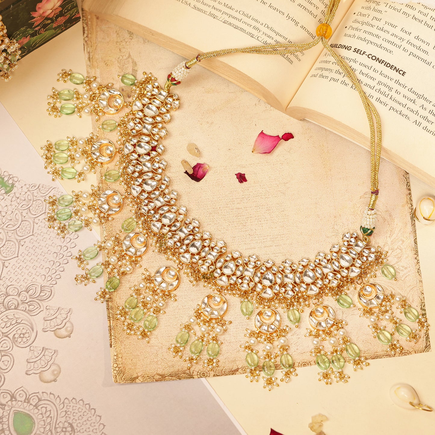 White Green Pearl Kundan Necklace Set by Dhanshree – Designer Indian Wedding Jewelry