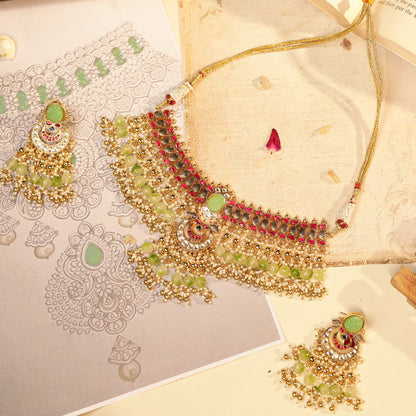 Designer Green Bridal Choker Set – Kundan Polki Necklace with Earrings, Indian Wedding Jewelry