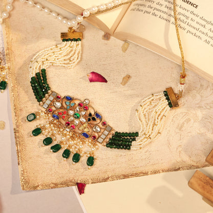 Green Bead Kundan Choker Necklace Set, Pearl Gemstone Earrings Jewelry