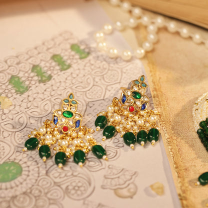 Green Bead Kundan Choker Necklace Set, Pearl Gemstone Earrings Jewelry