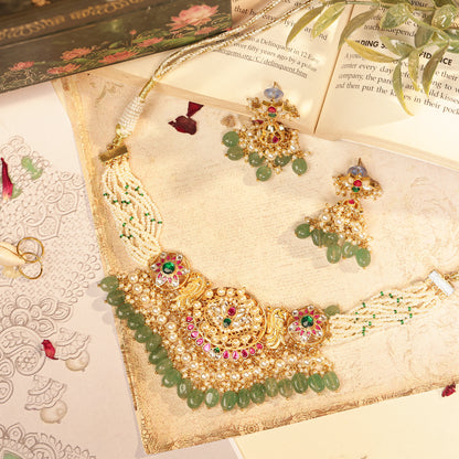 Statement Emerald & Pearl Bridal Necklace Set – Handmade Wedding Necklace Jewelry