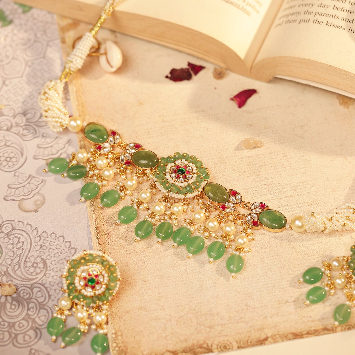 Emerald & Pearl Bridal Necklace Set – Handmade Indian Wedding Jewelry