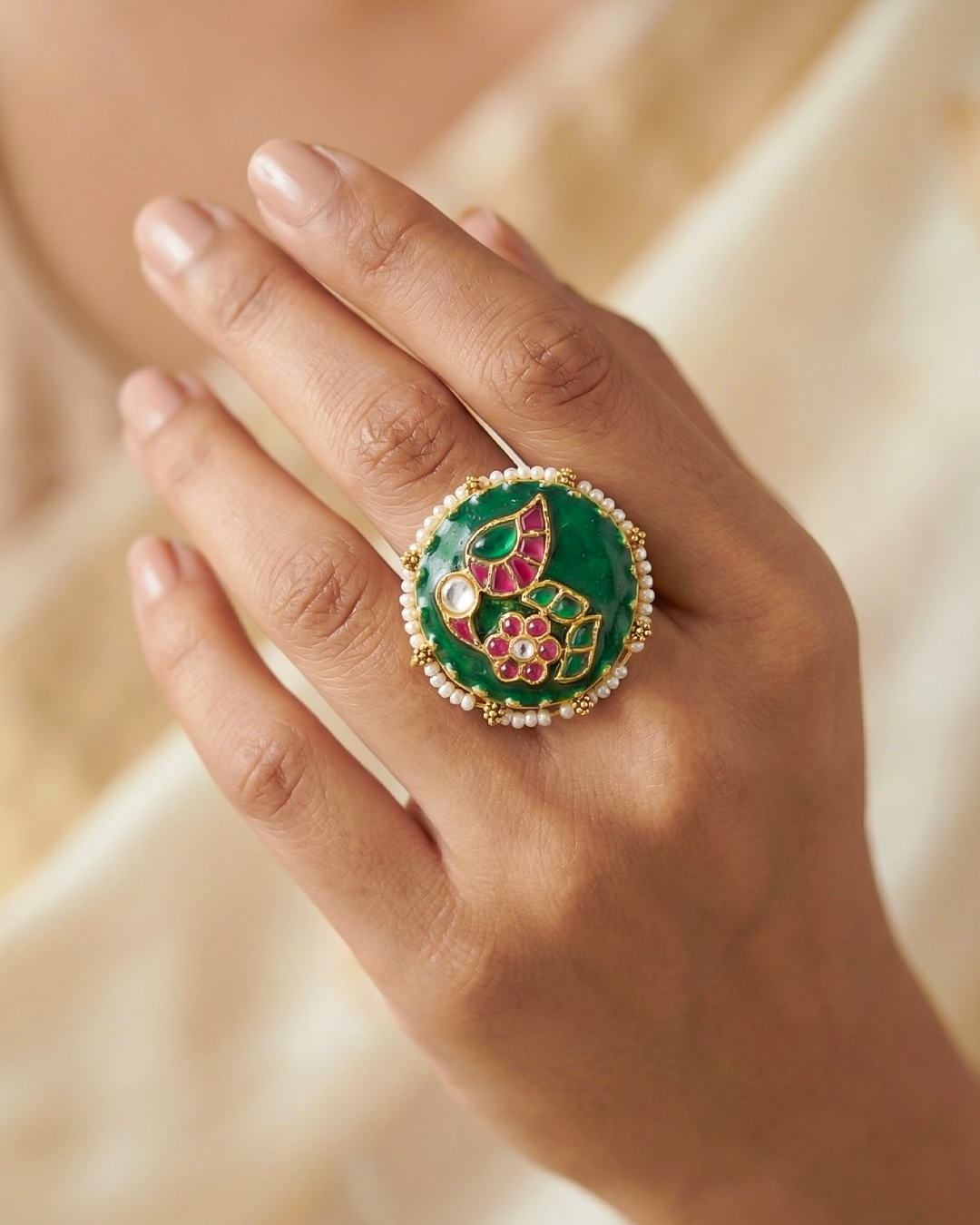 Emerald Green Kundan Pearl Statement Adjustable Ring Jewelry